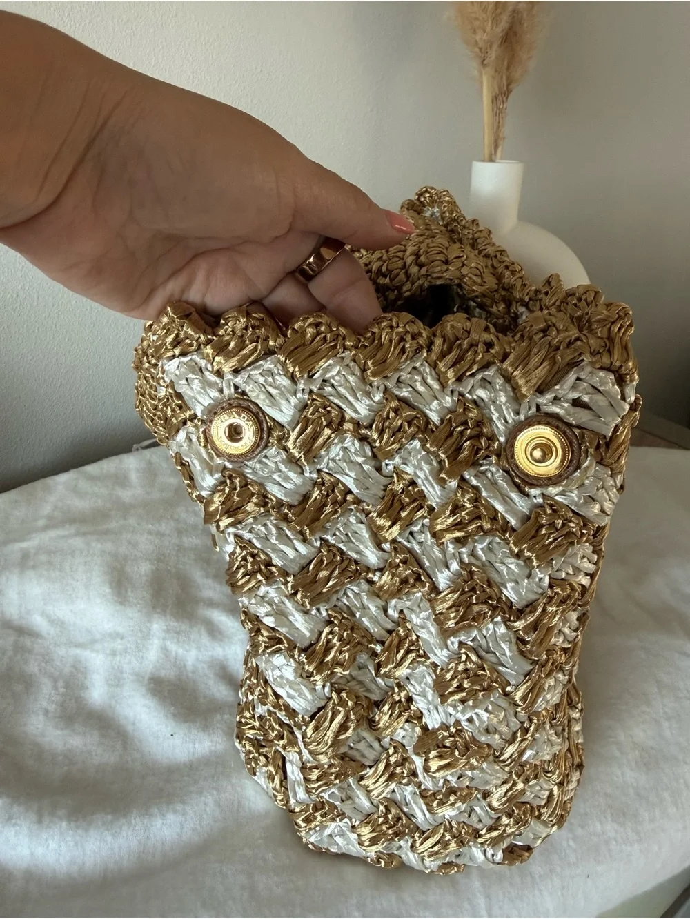 Prada Triangle Raffia Canapa Tote -  Gold & White